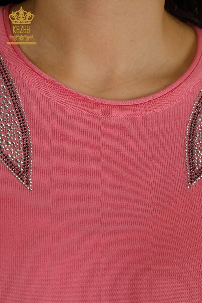 Tricotaj cu ridicata pentru femei Pulover - Umăr Brodat cu piatră - Roz - 30792 | KAZEE - Thumbnail