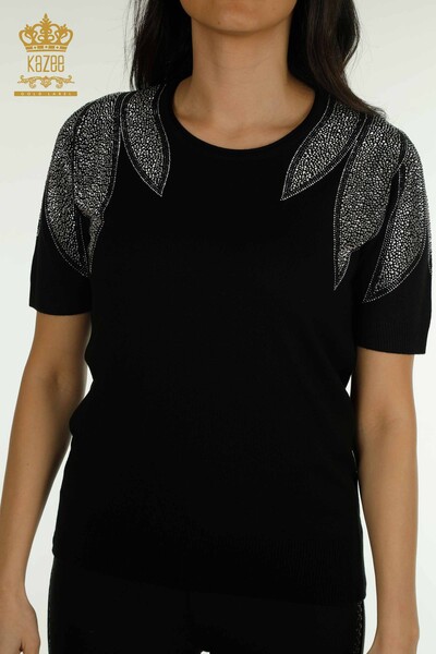 Tricotaj cu ridicata pentru femei Pulover - Umăr Brodat cu piatră - Negru-Alb - 30792 | KAZEE - Thumbnail