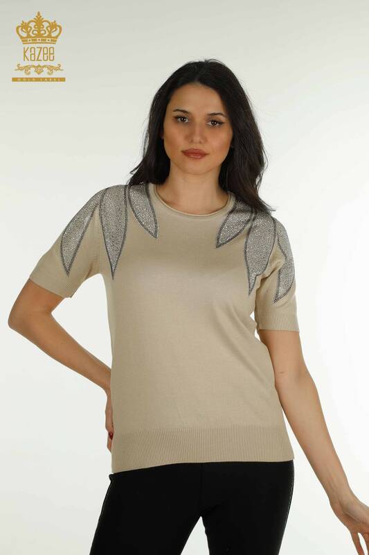 Tricotaj cu ridicata pentru femei Pulover - Umăr Brodat cu piatră - Bej deschis - 30792 | KAZEE