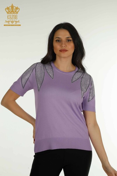 Tricotaj cu ridicata pentru femei Pulover - Umăr Brodat cu piatră - Liliac - 30792 | KAZEE - Thumbnail
