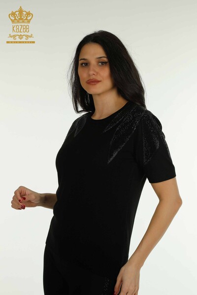 Tricotaj cu ridicata pentru femei Pulover - Umăr Brodat cu piatră - Negru - 30792 | KAZEE - Thumbnail