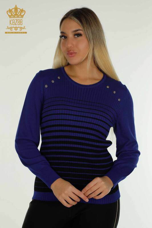 Pulover de tricotaj pentru femei cu ridicata - Detaliat pe umeri - Saks-Negru - 30079 | KAZEE