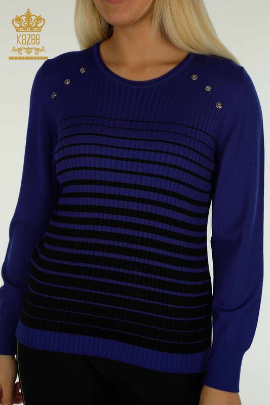 Pulover de tricotaj pentru femei cu ridicata - Detaliat pe umeri - Saks-Negru - 30079 | KAZEE