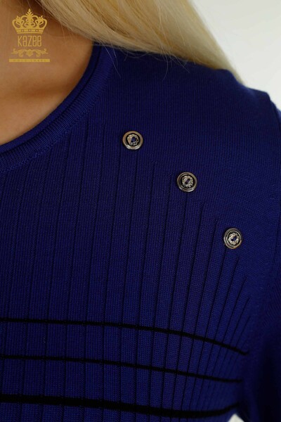 Pulover de tricotaj pentru femei cu ridicata - Detaliat pe umeri - Saks-Negru - 30079 | KAZEE - Thumbnail