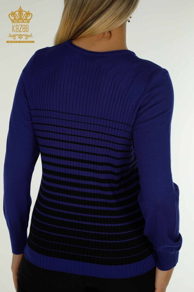 Pulover de tricotaj pentru femei cu ridicata - Detaliat pe umeri - Saks-Negru - 30079 | KAZEE - Thumbnail