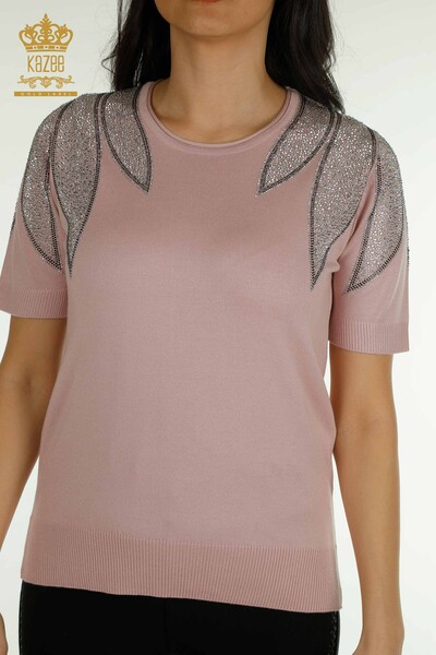 Tricotaj cu ridicata pentru femei Pulover - Umăr Brodat cu piatră - Pudra - 30792 | KAZEE - Thumbnail