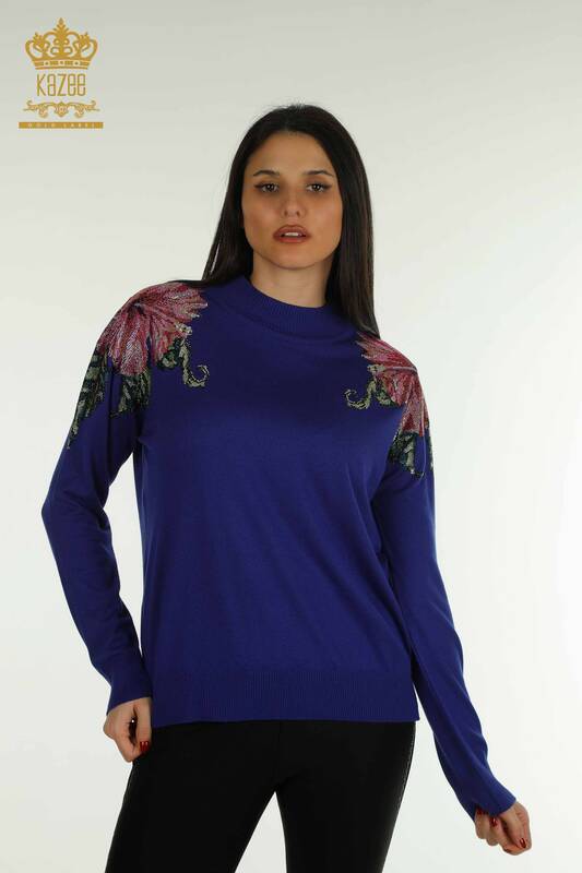Tricotaj cu ridicata pentru femei Pulover - Umăr Detaliat flori - Saks - 30542 | KAZEE