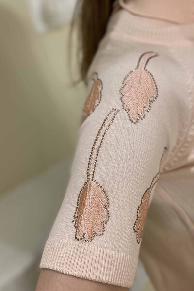 Tricotaj de damă cu ridicata cu gât cu piatră brodate - 15798 | KAZEE - Thumbnail