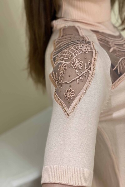 Tricotaj de damă cu ridicata cu gât cu detaliu transparent - 15263 | Kazee - Thumbnail