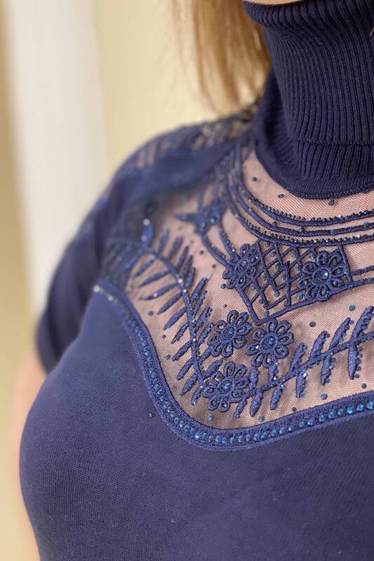 Tricotaj de damă cu ridicata cu gât cu detaliu transparent - 15263 | Kazee