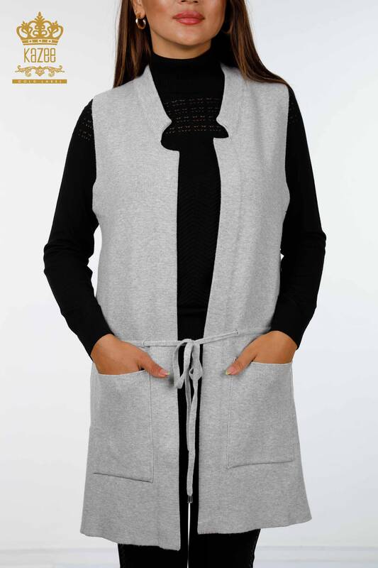 Vânz cu ridicata Gilet de tricotaj pentru femei cu detaliu frânghie, două buzunare, lungă - 16234 | KAZEE