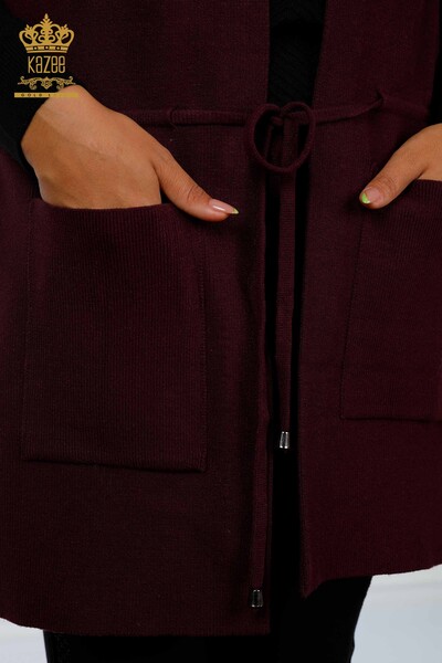 Vânz cu ridicata Gilet de tricotaj pentru femei cu detaliu frânghie, două buzunare, lungă - 16234 | KAZEE - Thumbnail