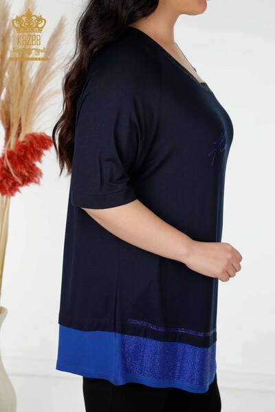 Comerț cu ridicata pentru femei tunică cu umăr detaliat cu piatră brodata bleumarin - 77721 | KAZEE - Thumbnail