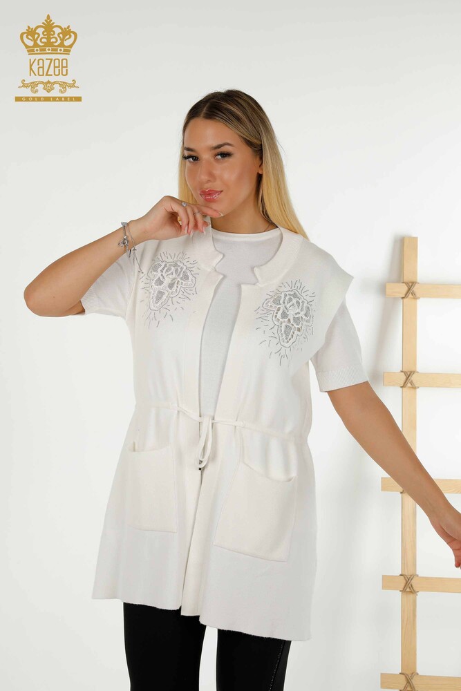 Vesta cu ridicata pentru dama cu piatra brodata Ecru - 16830 | KAZEE - 1