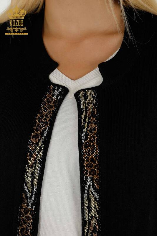 Vesta scurta de dama cu ridicata cu piatra leopard brodata neagra - 30616 | KAZEE