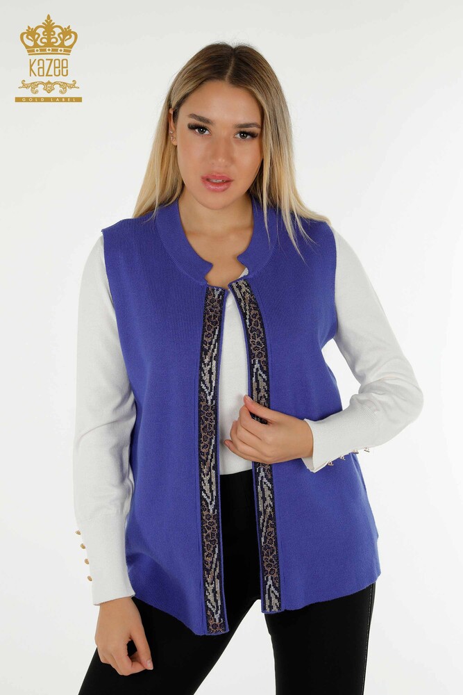 Vestă scurtă de damă cu ridicata cu piatră leopard brodat Indigo - 30616 | KAZEE - 1