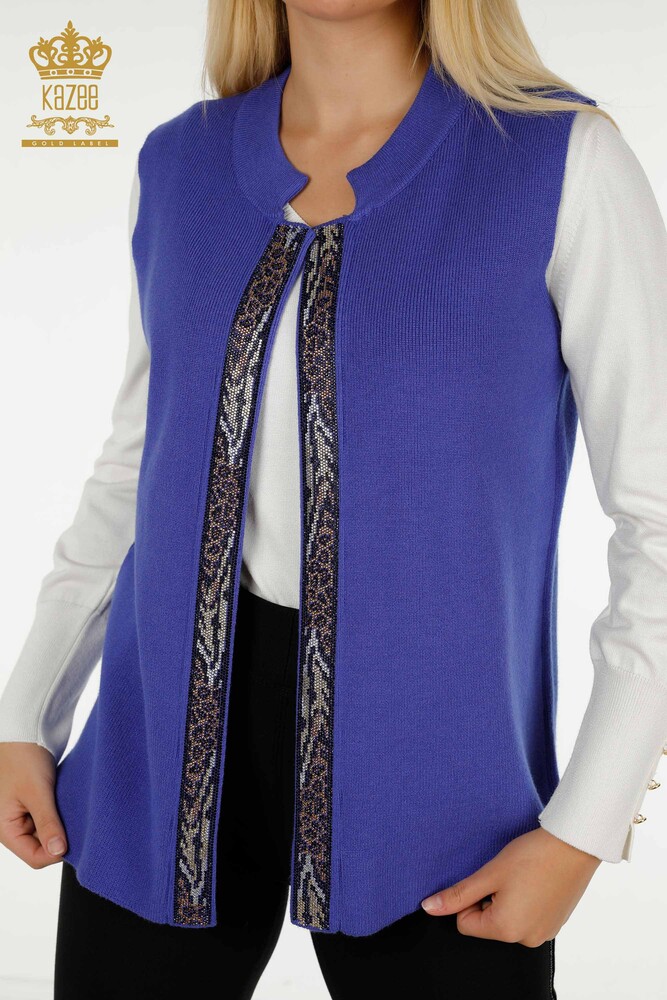 Vestă scurtă de damă cu ridicata cu piatră leopard brodat Indigo - 30616 | KAZEE - 2