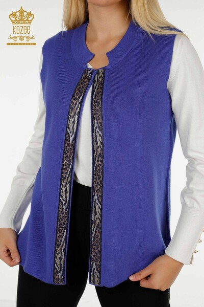 Vestă scurtă de damă cu ridicata cu piatră leopard brodat Indigo - 30616 | KAZEE - Kazee (1)