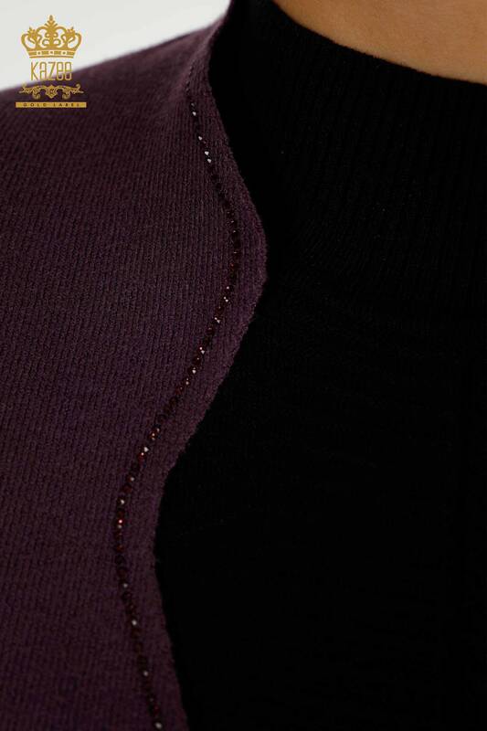 Vesta scurta de dama cu ridicata cu piatra brodata violet - 30274 | KAZEE