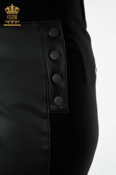 Cu ridicata Fusta din piele pentru femei cu buton detaliat negru - 4220 | KAZEE - Thumbnail