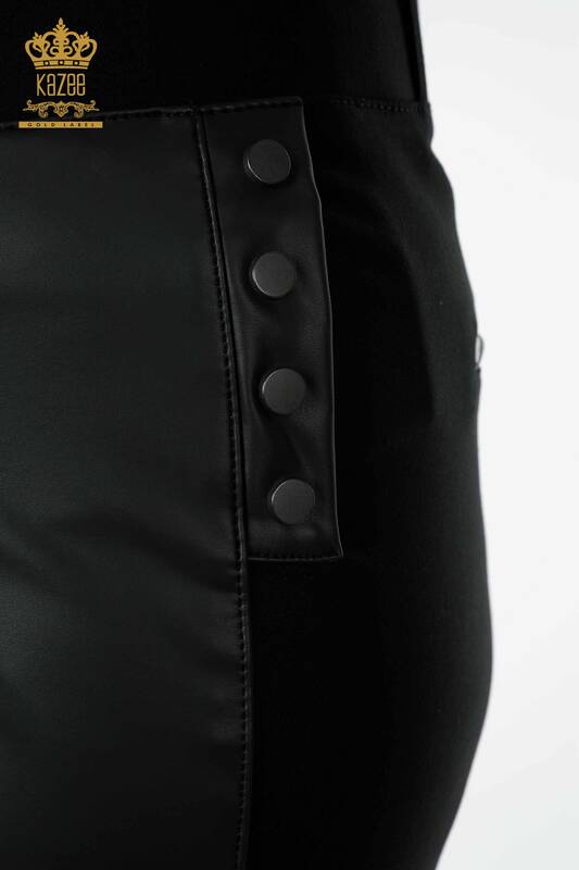Cu ridicata Fusta din piele pentru femei cu buton detaliat negru - 4220 | KAZEE
