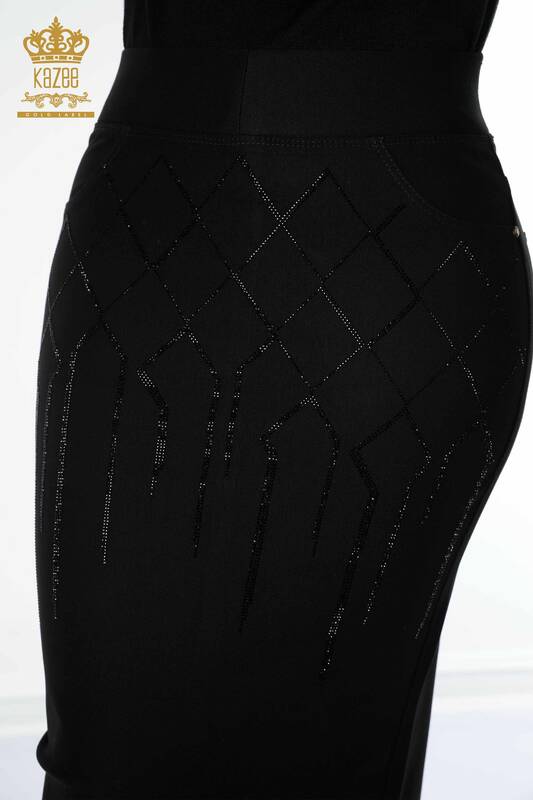 Fusta de dama en-gros cu buzunar piatra brodata neagra - 4191 | KAZEE