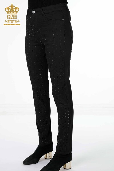 Pantaloni de damă cu ridicata, cu buzunar brodat cu piatră, cu detalii de viscoză - 3616 | KAZEE - Thumbnail