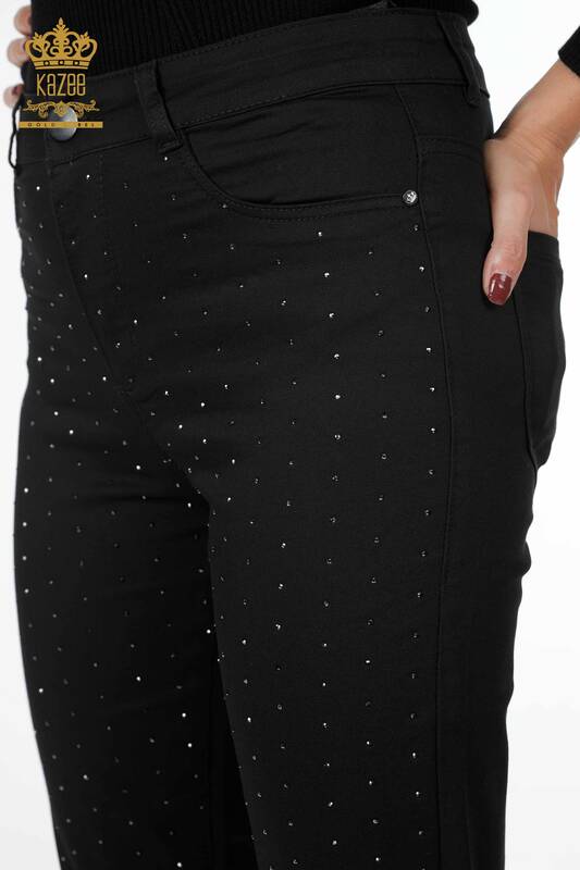 Pantaloni de damă cu ridicata, cu buzunar brodat cu piatră, cu detalii de viscoză - 3616 | KAZEE