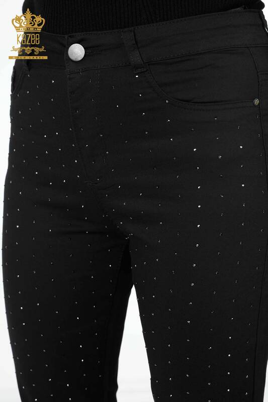 Pantaloni de damă cu ridicata, cu buzunar brodat cu piatră, cu detalii de viscoză - 3616 | KAZEE
