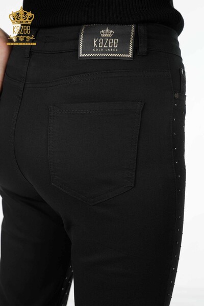 Pantaloni de damă cu ridicata, cu buzunar brodat cu piatră, cu detalii de viscoză - 3616 | KAZEE - Thumbnail
