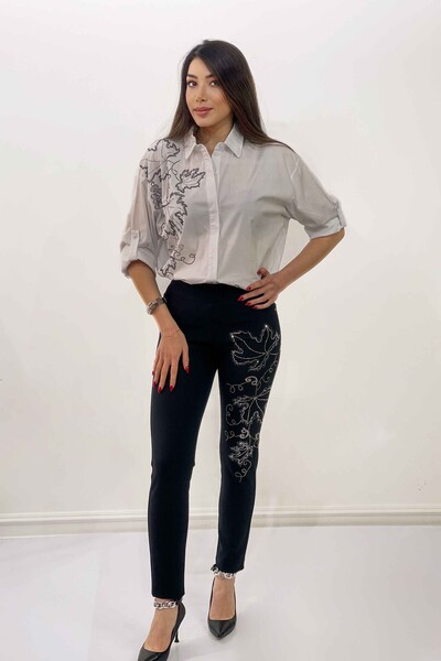 Pantaloni de damă cu ridicata cu model de frunze brodate - 3408 | kazee - Thumbnail