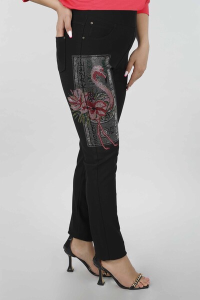Pantaloni de damă cu ridicata cu detaliu flamingo brodat cu piatră - 3412 | KAZEE - Thumbnail