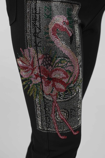 Pantaloni de damă cu ridicata cu detaliu flamingo brodat cu piatră - 3412 | KAZEE - Thumbnail