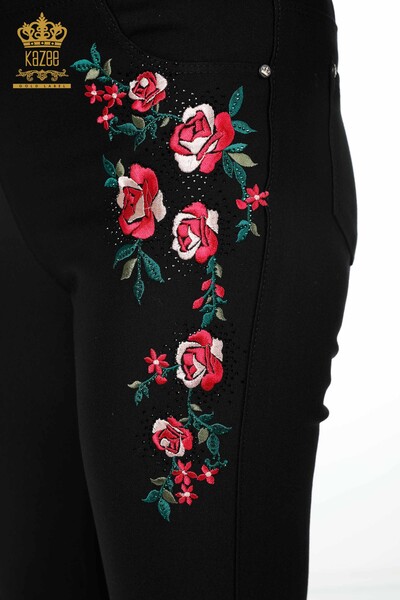 Pantaloni de damă cu ridicata cu broderie cu flori colorate și broderie cu piatră - 3618 | KAZEE - Thumbnail
