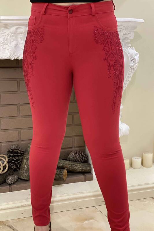 Pantaloni de damă cu ridicata cu broderie de piatră colorată - 3283 | KAZEE