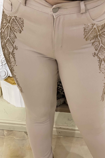 Pantaloni de damă cu ridicata cu broderie de piatră colorată - 3283 | KAZEE - Thumbnail