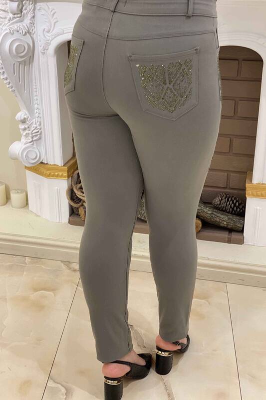 Pantaloni de damă cu ridicata cu broderie de piatră colorată - 3283 | KAZEE