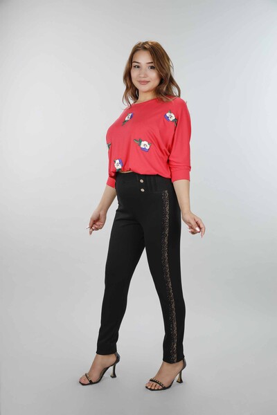 Pantaloni de damă cu ridicata cu model leopard brodat cu piatră - 3476 | KAZEE - Thumbnail