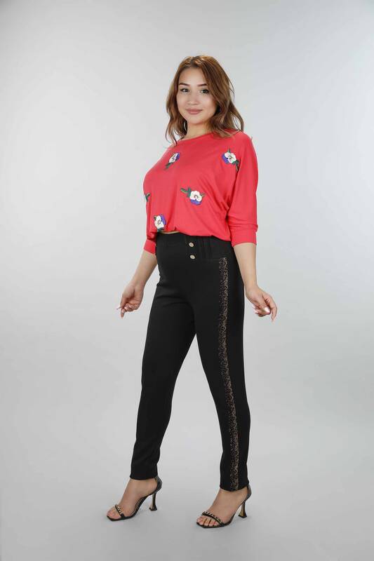 Pantaloni de damă cu ridicata cu model leopard brodat cu piatră - 3476 | KAZEE