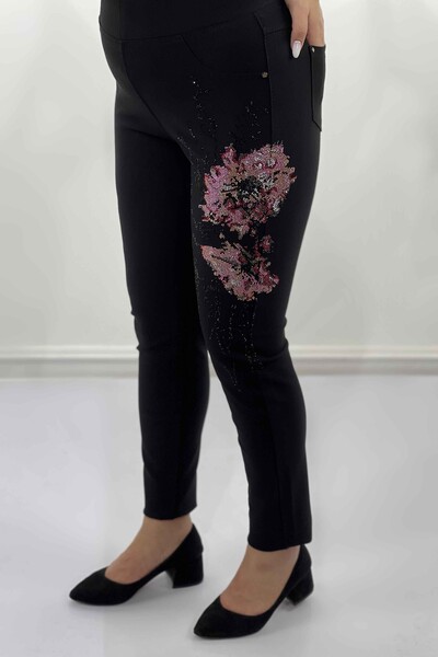 Pantaloni de damă cu imprimeu flori brodate cu piatră cu ridicata - 3346 | kazee - Thumbnail
