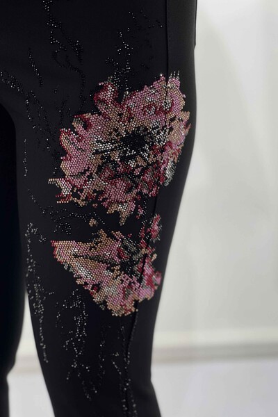 Pantaloni de damă cu imprimeu flori brodate cu piatră cu ridicata - 3346 | kazee - Thumbnail