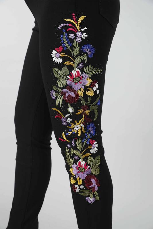 Pantaloni de damă cu ridicata Imprimeuri florale Pietre brodate - 3403 | kazee
