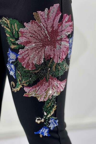 Pantaloni de damă cu ridicata cu detaliu flori brodate cu piatră - 3450 | kazee - Thumbnail