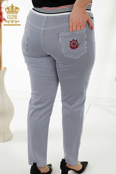Pantaloni de damă cu ridicata cu buzunar în dungi cu model bleumarin - 3694 | KAZEE - Thumbnail
