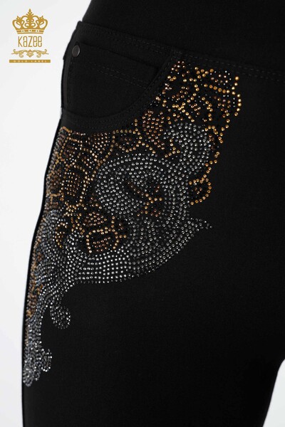 Pantaloni de damă cu ridicata, brodate cu leopard, cu piatră de cristal brodate - 3407 | KAZEE - Thumbnail (2)