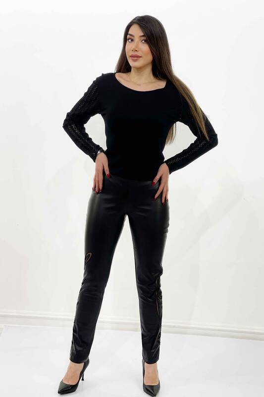 Pantaloni de damă cu ridicata cu talie elastică detaliată din piele - 3380 | kazee