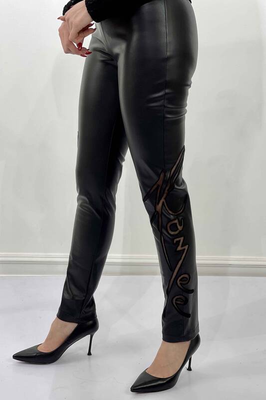 Pantaloni de damă cu ridicata cu talie elastică detaliată din piele - 3380 | kazee