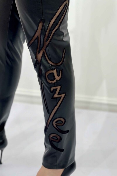 Pantaloni de damă cu ridicata cu talie elastică detaliată din piele - 3380 | kazee - Thumbnail