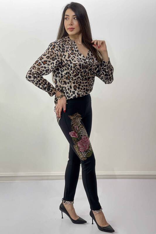 Pantaloni de damă cu ridicata cu modele de tigru și flori - 3409 | KAZEE