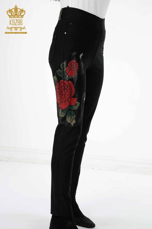 Pantaloni de damă cu ridicata din viscoză brodată cu piatră cu model trandafiri - 3437 | KAZEE